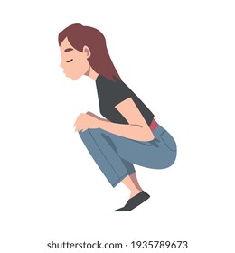 Young Beautiful Woman Crouched Cartoon Style Vector Illustration