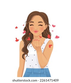 Young beautiful woman with curly hair sends air kiss vector illustration isolated