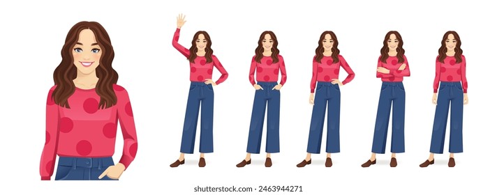 Young beautiful woman with curly hair standing in different poses. Isolated vector illustration set.