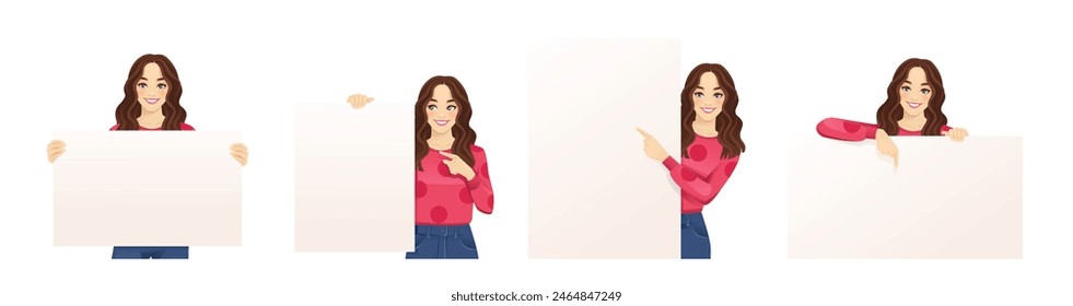 Young beautiful woman with curly hair holding pointing to the empty blank board. Isolated vector illustration collection