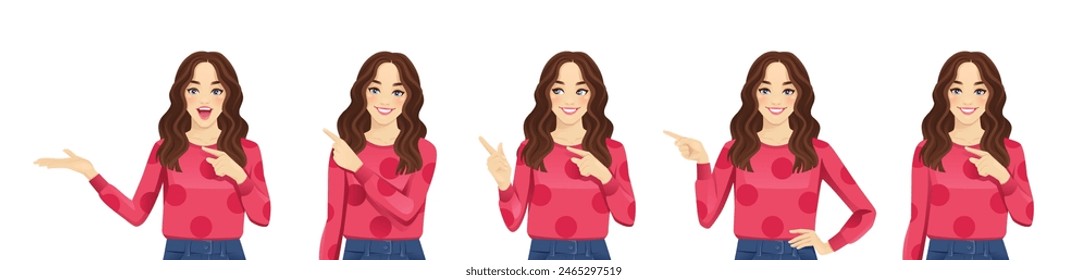 Young beautiful woman with curly hair pointing, showing, indicate with finger poses collection. Isolated vector illustration