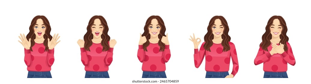 Young beautiful woman with curly hair, positive emotions and different gestures. Isolated vector illustration set