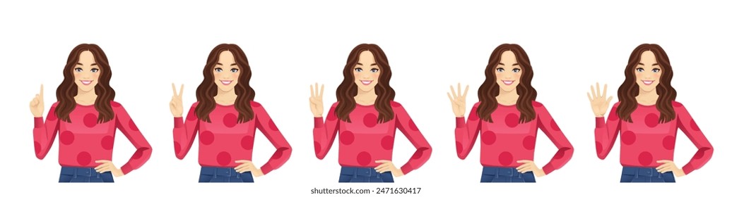 Young beautiful woman with curly hair pointing up. One, two, three, four, five fingers set isolated vector illustration