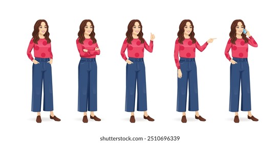 Young beautiful woman with curly hair standing half turn view different poses set. Standing, showing, pointing, talking on the phone, thumb up isolated vector illustration.