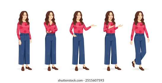 Young beautiful woman with curly hair standing half turn view different poses set. Standing, showing, talking, thinking and walking. Isolated vector illustration