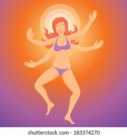 Young beautiful woman dances and waves her four arms vector illustration
