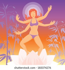 Young beautiful woman dances and waves her four arms vector illustration
