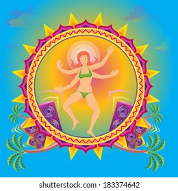 Young beautiful woman dances and waves her four arms vector illustration