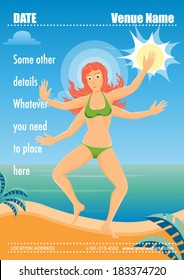 Young beautiful woman dances and waves her four arms party flyer vector illustration