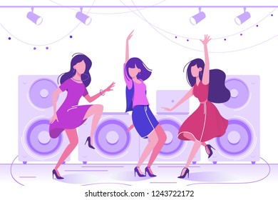 Young beautiful woman dancing in club on dance floor. Concept fun, enjoy girl in dress with friends. Vector illustration.