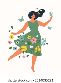 Mujer hermosa joven que baila entre las flores de la primavera. Armonía, salud mental, concepto de belleza. Niña feliz sintiendo paz interior, alegría. Cuidados personales, salud femenina, bienestar. Ilustración vectorial plana aislada.