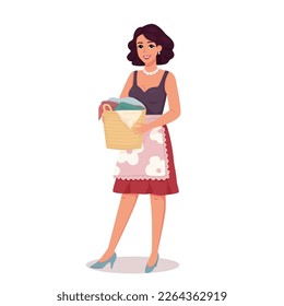 Young beautiful woman with dark hair stands holding basket of laundry in her hands. Housewife character is isolated on white. Vector illustration.