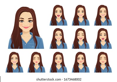 Young beautiful woman with different facial expressions set isolated vector illustration