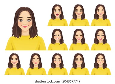 Young beautiful woman with different facial expressions set isolated vector illustration