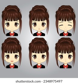 Young beautiful woman with different facial expressions set isolated vector illustration. Set of different facial expressions female character. Collection of young woman feelings.