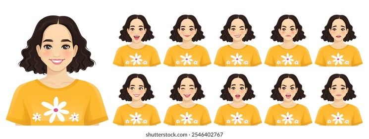 Mujer hermosa joven con diferentes expresiones faciales. Conjunto de avatares de Ilustración vectorial aislada