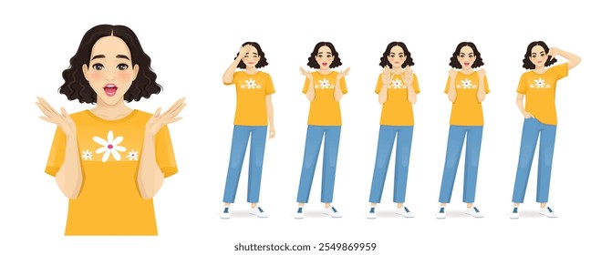 Mujer hermosa joven en diferentes poses que muestran emociones negativas. Conjunto de Ilustración vectorial aislado