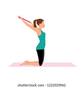 Young beautiful woman doing arm stretching exercise. yoga workout vector illustration.