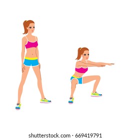 Young Beautiful Woman Doing Deep Squat. Vector Illustration.