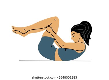 Jovem linda mulher fazendo ginástica. Garota fazendo exercícios de fitness. Alongamento e pilates posam. Esporte, beleza corporal e saúde. Ilustração vetorial isolada no plano de fundo branco