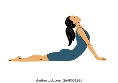Jovem linda mulher fazendo ginástica. Garota fazendo exercícios de fitness. Alongamento e pilates posam. Esporte, beleza corporal e saúde. Ilustração vetorial isolada no plano de fundo branco