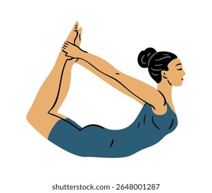 Jovem linda mulher fazendo ginástica. Garota fazendo exercícios de fitness. Alongamento e pilates posam. Esporte, beleza corporal e saúde. Ilustração vetorial isolada no plano de fundo branco