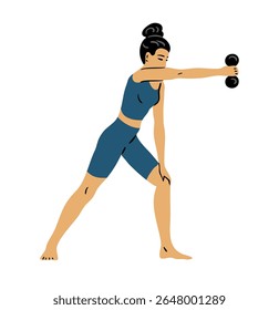 Jovem linda mulher fazendo ginástica com halteres. Garota fazendo exercícios de fitness. Esporte, beleza corporal e saúde. Ilustração vetorial isolada no plano de fundo branco