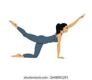 Jovem linda mulher fazendo ginástica. Garota fazendo exercícios de fitness. Alongamento e pilates posam. Esporte, beleza corporal e saúde. Ilustração vetorial isolada no plano de fundo branco