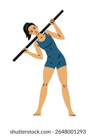Jovem linda mulher fazendo ginástica com uma vara. Garota fazendo exercícios de fitness. Esporte, beleza corporal e saúde. Ilustração vetorial isolada no plano de fundo branco