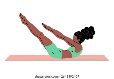 Jovem linda mulher fazendo ginástica. Garota fazendo exercícios de fitness. Alongamento e pilates posam. Esporte, beleza corporal e saúde. Ilustração vetorial isolada no plano de fundo branco