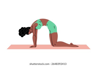 Young beautiful woman doing gymnastics. Girl doing fitness exercises. Stretching and pilates pose. Sport, body beauty and health. Vector illustration isolated on white background