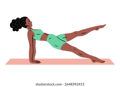 Jovem linda mulher fazendo ginástica. Garota fazendo exercícios de fitness. Alongamento e pilates posam. Esporte, beleza corporal e saúde. Ilustração vetorial isolada no plano de fundo branco