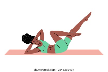 Jovem linda mulher fazendo ginástica. Garota fazendo exercícios de fitness. Alongamento e pilates posam. Esporte, beleza corporal e saúde. Ilustração vetorial isolada no plano de fundo branco