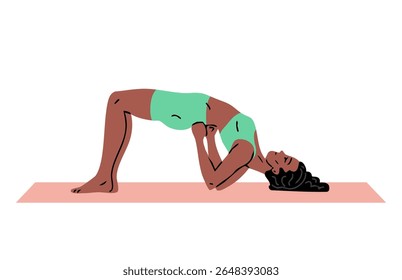 Jovem linda mulher fazendo ginástica. Garota fazendo exercícios de fitness. Alongamento e pilates posam. Esporte, beleza corporal e saúde. Ilustração vetorial isolada no plano de fundo branco