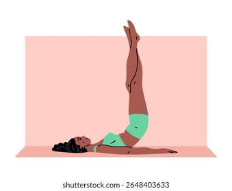 Jovem linda mulher fazendo ginástica. Garota fazendo exercícios de fitness. Alongamento e pilates posam. Esporte, beleza corporal e saúde. Ilustração vetorial isolada no plano de fundo branco