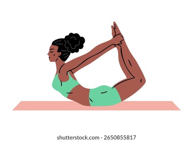 Jovem linda mulher fazendo ginástica. Garota fazendo exercícios de fitness. Alongamento e pilates posam. Esporte, beleza corporal e saúde. Ilustração vetorial isolada no plano de fundo branco