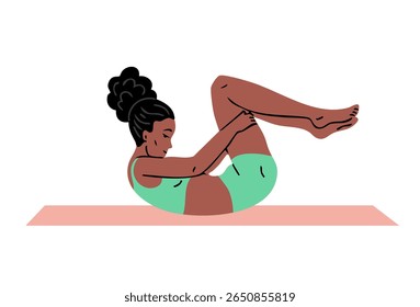 Jovem linda mulher fazendo ginástica. Garota fazendo exercícios de fitness. Alongamento e pilates posam. Esporte, beleza corporal e saúde. Ilustração vetorial isolada no plano de fundo branco