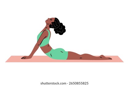 Jovem linda mulher fazendo ginástica. Garota fazendo exercícios de fitness. Alongamento e pilates posam. Esporte, beleza corporal e saúde. Ilustração vetorial isolada no plano de fundo branco