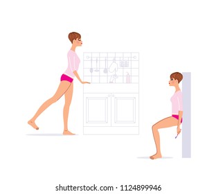 Young beautiful woman doing morning exercise at home. Wall sit and single leg raise exercises. Vector illustration