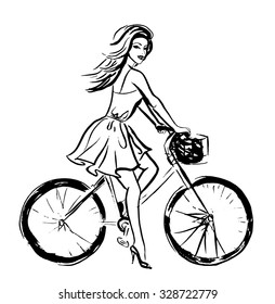 Young beautiful woman in dress on bicycle. Fashion illustration