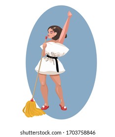 Young Beautiful Woman Dressed In A Pillow. Conceptual Home Quarantine, Covid 19 Virus Outbreak, Pandemic, Outbreak Of Negligence, Allergies, Air Pollution And Health Concept. Flat Vector Illustration.