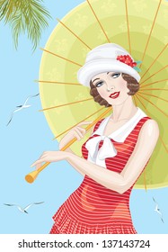 Young beautiful woman dressed in style of the twenties with an umbrella