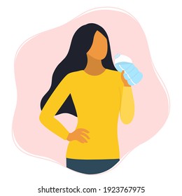 Young beautiful woman drinks water from bottle. Flat vector illustration.