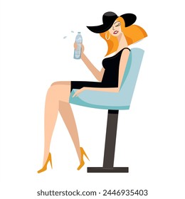 A young beautiful woman drinks water from a bottle. Vector illustration in a flat view. A girl in a hat is sitting in an armchair with a bottle of water. A useful habit. Maintaining the water balance.