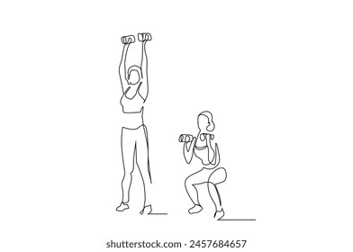 young beautiful woman dumbbell sport health fit life one line art design vector
