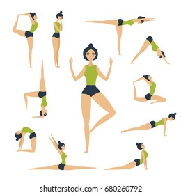 Young beautiful woman is engaged in yoga. Set of different exercises and poses from yoga. Flat design. Simple trendy style. Isolated on white. Cartoon character