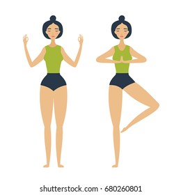 Young beautiful woman is engaged in yoga. Set of different exercises and poses from yoga. Flat design. Simple trendy style. Isolated on white. Cartoon characters