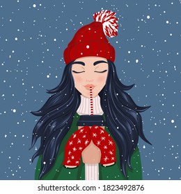 Young beautiful woman enjoying the falling snow with a cup of coffee. Fashion illustration. Winter. Vector EPS 10.