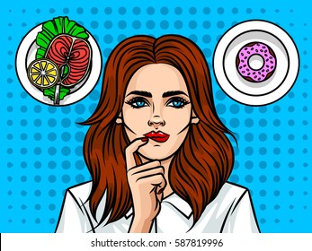 Young beautiful woman European type trying to make a decision. Healthy and fast food over halftone background effect