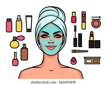 Young beautiful woman European type with towel on her head and mask on her face. Relaxing girl face in spa. Icons for make up. 